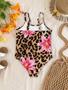 SHEIN 豹纹、芙蓉花、芙蓉花、海滩度假、#椰子女孩、适合夏季的少女休闲简约连体泳衣，公主风，小星星，少女泳装，浪漫度假 - 彩色 - 查看 3