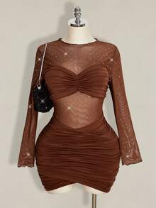 SHEIN ICON 大码女士性感派对黑色迷你连衣裙 - 棕色 - 查看 1