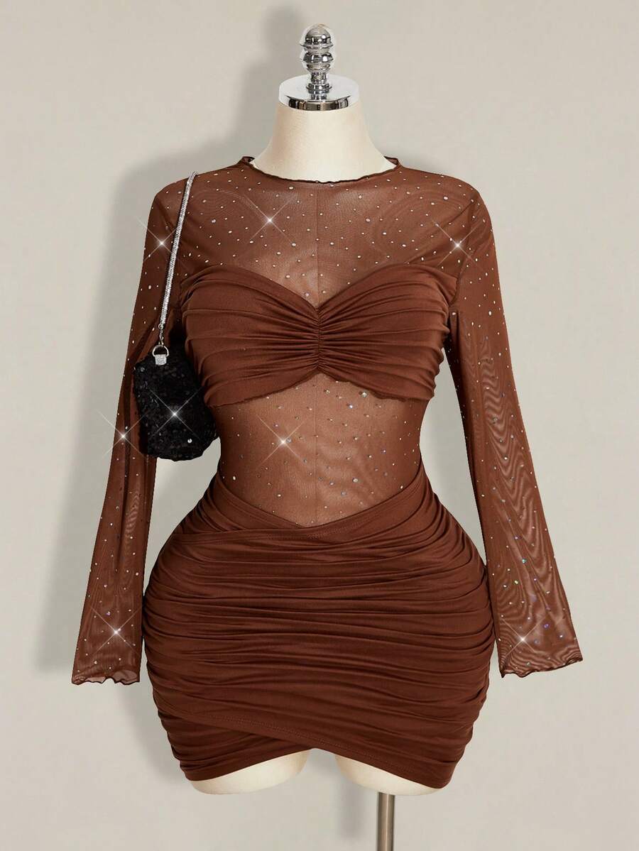 SHEIN ICON 大码女士性感派对黑色迷你连衣裙 - 棕色 - 查看 1