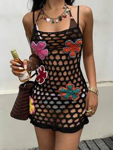 Sunnyshic Kontrastfärgad virkad ihålig stickad tröjaklänning - Svart - Visa 5