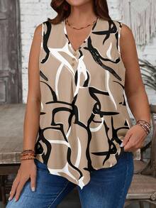 EMERY ROSE Elegant Abstract Line Print Khaki V-Neck Sleeveless Shirt, Plus Size, Suitable For Summer - Multicolor - View 3