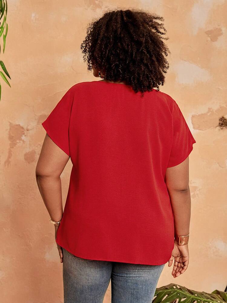 Plus Size Women's Orange Button Embellished Short Sleeve Shirt For Spring