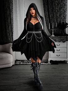 Whyspr Đầm Halloween Goth phong cách Punk Grunge cỡ lớn cho nữ mùa thu - màu đen - Xem 6