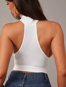 Radiana Women's Elegant White Halter Neck Camisole With Metal Ring Decor,Fitted Stretchy Knit Top For Party Night,Summer,Club,Daily Casual Outings & Vacation - White - View 2