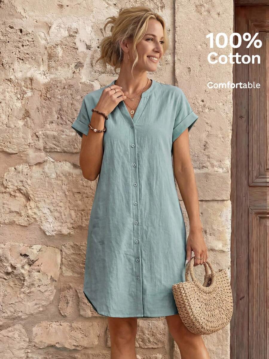 EMERY ROSE Solid Notched Button Front Batwing Sleeve Shirt Dress,Summer Dresses For Women - Green - View 1