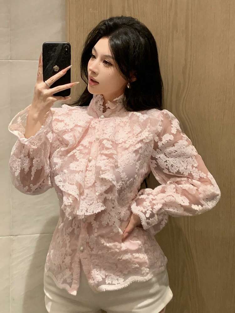 Women's Ruffled Embroidered Elegant French Collar Blouse