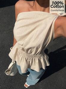 Siren Gaze 女士纯棉不对称肩部上衣，春夏新品 - 杏色 - 查看 1