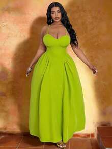 Veslaya 2026 Robe maxi verte élégante à bretelles spaghetti et taille A-line pour femmes grandes tailles, festival de musique printemps et été, Pâques, western, nomade, anniversaire, remise de diplômes, école, étudiant, décontracté, vacances, croisière, plage, bronzage, streetwear, invité de mariage, trajet, brunch, aéroport, fête, événement, gala élégant, bal, loisirs - Vert - Voir 2