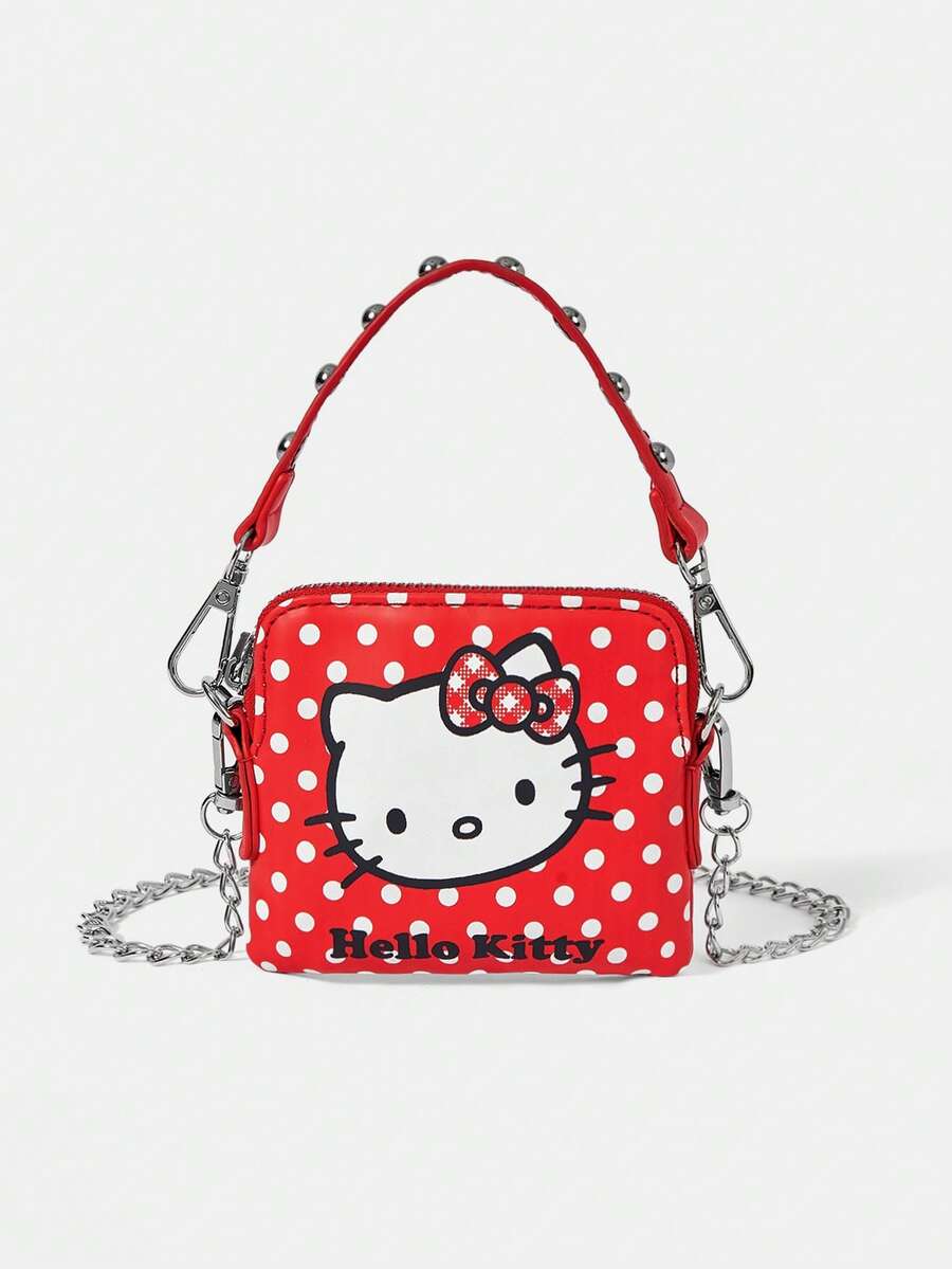 HELLO KITTY AND FRIENDS | SHEIN 1件女士时尚甜美可爱百搭街头复古红白波点图案印花铆钉小手提包/斜挎包,可作小挂包使用(链条长肩带可拆卸) - 紅色3 - 查看 1
