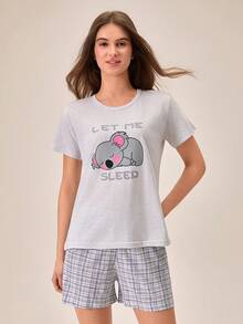 女士纯棉两件套灰色可爱熊猫印花圆领短袖衬衫和格子短裤家居服舒适休闲睡衣套装 - 灰色 - 查看 3