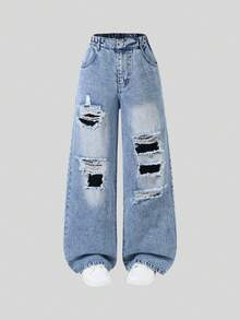 Jeans style de rue pour adolescentes, coupe droite ample, couleur bleu clair en denim, design déchiré et délavé, tissu doux et confortable, convient pour l'école, les déplacements et les sorties décontractées, toutes saisons - Jean clair - Voir 4