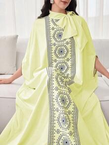 SHEIN Najma 女士拼接优雅领结宽松奢华连衣裙 - 黃色 - 查看 5