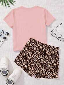 Cream Pink Retro American Leopard Print Bow Striped Pattern Summer Outfit, Teen Girl Casual Loose Round Neck Short Sleeve T-Shirt And Shorts 2-Piece Set, Suitable For Spring/Summer, Outdoor Picnic, Outing, Street Style, Home, Campus - Multicolor - View 2
