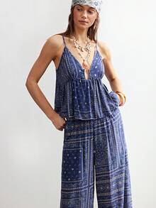 Bohemela 波西米亚风度假休闲编织佩斯利印花吊带背心和阔腿裤两件套女装 - 藍色 - 查看 3