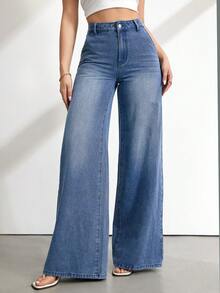SHEIN Tall Women's Casual Washed High Waist Wide Leg Jeans - Medium Wash - View 1