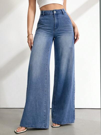 SHEIN Tall Women's Casual Washed High Waist Wide Leg Jeans