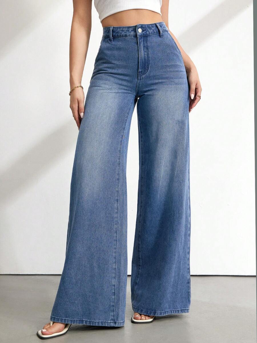 SHEIN Tall Women's Casual Washed High Waist Wide Leg Jeans - Medium Wash - View 1