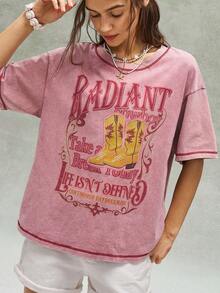 Bohemela Tricou de damă cu imprimeu de cizme cowboy, roz, tricotat, cu guler rotund, lejer, spălat, cu mânecă scurtă, stil boho casual, primăvară/vară - Roz - Vizualizare 6