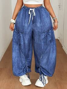 Maweii 蓝色抽绳复古简约休闲舒适裤 - 藍色 - 查看 3