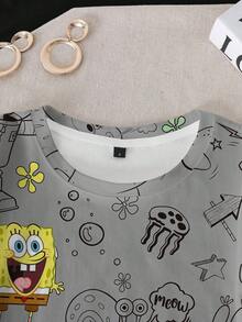 SpongeBob SquarePants | SHEIN Women's Round Neck All-Over Print Casual Everyday T-Shirt - White - View 4