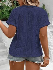 EMERY ROSE New Navy Blue Jacquard V-Neck Plus Size T-Shirt For Summer - Blue - View 2