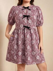 Comfylo Plus Size Women Floral Print Tie Front Ruffle Fashion Date Party Dress - Brown - View 3