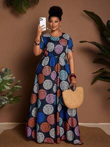 Maweii 大码女装新款优雅日常撞色印花圆领连衣裙，高端设计，腰部系带可调节，后背蘑菇扣，A字裙摆，适合度假、通勤、休闲穿着。 - 彩色 - 查看 5