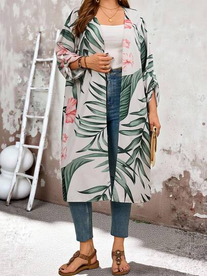 EMERY ROSE Plus Size Women Tropical Plant Print Roll-Up Sleeve Casual Mid-Length Jacket,Summer Outfits ,Easter,Beach Outfits,Beach Vacation Outfits For Women,Vacation Outfits Women Boho Kimono Summer Kimono Curve Kimono Jungle Theme Outfit Havana Nights Outfit Kimonos For Woman Kimono Cover Up Long Blouses