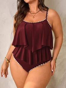 Swim Lushoire 2pcs Plus Size Women Green Spaghetti Strap Ruffle Trim Top & High Waist Ruffle Trim Pants Set, Summer Beach Holiday - Burgundy - View 3