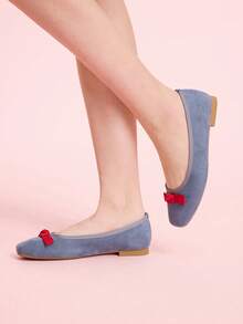 CUCCOO DOLLMOD 女士蓝色绒面革方头蝴蝶结低帮平底鞋，日常百搭可爱女鞋 - 藍色 - 查看 5