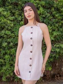 Andrea Bello 女士纯色细肩带无袖单排扣休闲夏季优雅短款连衣裙 - 杏色 - 查看 6