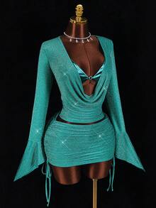 Amplova Women's Sexy 2 Pieces Set, Suitable For Party, Long Sleeve Top With Bra Cup And Mini Skirt, Autumn/Winter - Blue - View 8