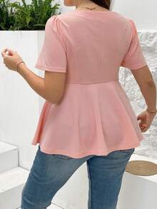 Elenzga Scoop Neck Short Sleeve Zip Up Ruffle Hem Casual Elegant Plus Size Women Blouse - Pink - View 2