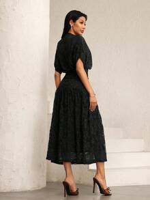 Modelyn New Boat Neck Fitted Sexy Hollow-Out Ruffle Waist Sleeveless Mid-Length Dress - Black - View 2