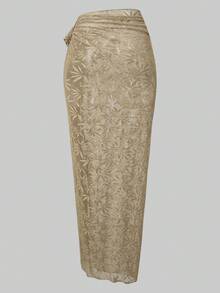 Swim Oasis Women's Leaf Print One-Piece Swimsuit And Skirt Set, Suitable For Beach Vacation, Pool Party, Beach Party, Spring/Summer - Khaki - View 9