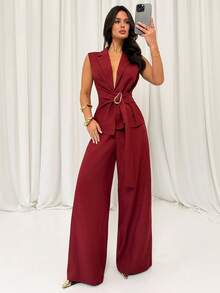 Firerie 女士优雅简约通勤日常穿搭亚麻质感金属腰带上衣和裤子两件套，适合约会、通勤等场合。 - 酒紅色 - 查看 6