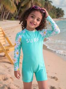 Young Girl New Fashion One-Piece Printed Swimsuit With Back Zipper - Green - View 3