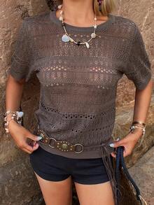 DAZY Women's Solid Color Hollow-Out Lightweight Crew Neck Short Sleeve Casual Summer Top - Coffee Brown - View 1