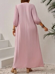 SHEIN CURVE+ Plus Size Solid Long Sleeve Casual Dress, Simple & Fashionable For Everyday Wear,Beach Dress Sundress,Holiday Outfits Boho - Pink - View 2
