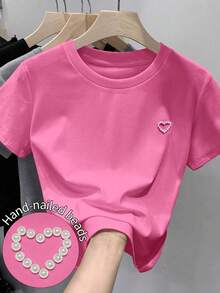 Resyla Áo thun cỡ lớn Sweet & Cool Handmade hình trái tim đính hạt màu hồng Dopamine, kiểu dáng rộng rãi, cổ tròn, tay ngắn, hàng mới về mùa hè. - Hồng - Xem 1