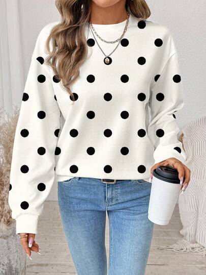 SHEIN LUNE Casual Minimalist Retro Elegant Commute Versatile Warm Printed Pattern, Retro Polka Dot Printed Pattern, Women's Summer Round Neck Long Sleeve Loose Sweatshirt
