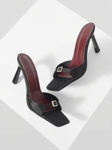MUSERA Sandalias de tacón alto para mujer, nuevas para primavera y verano, de estilo elegante y de moda, con hebilla de metal y rhinestones, para uso en fiestas, con punta cuadrada y tacón fino - Negro - Ver 5