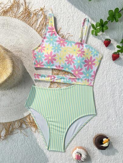 SHEIN 少女碎花条纹拼接连体泳衣，适合度假、游泳、旅行、海滩、夏季穿着。