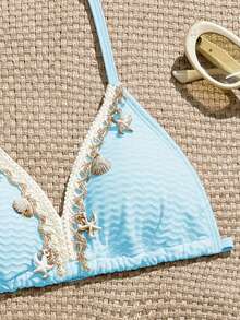 SHEIN Sparklyn 3件組青少年女孩淺藍色貝殼泳衣套裝，可愛夏季比基尼套裝附沙灘罩衫，度假派對泳裝，春/夏季女孩穿搭 - 藍色 - 查看 3