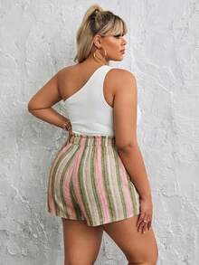 SHEIN SXY Bộ đồ 2 mảnh dành cho nữ cỡ lớn, màu trơn, kiểu lệch vai, gồm áo và quần short, kiểu dáng thường ngày. - Nhiều màu - Xem 2