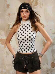 Rina Fox Women's Halter Neck Polka Dot Lace Patchwork Sexy Y2K Camisole - Beige - View 3