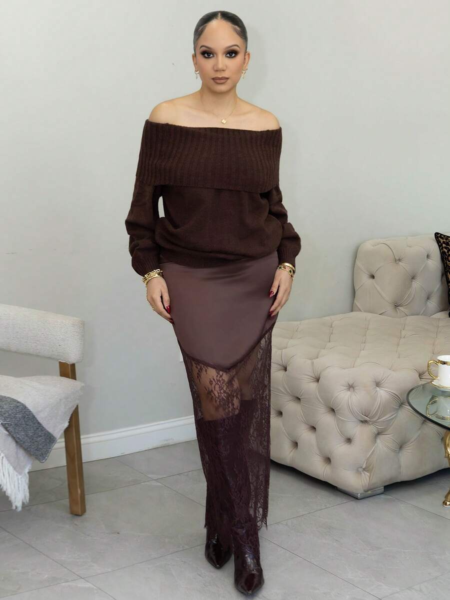 Melissa Matos 缎面优雅通勤女士高腰丝滑褶皱撞色蕾丝长裙 - 棕色 - 查看 1