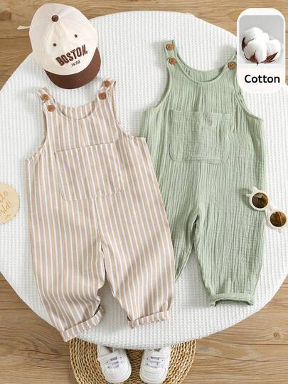 SHEIN 2pcs Newborn Baby Boy Casual Cute Versatile Seersucker Striped Suspender Pants Set, Suitable For Summer & Spring Mocha Baby Clothes Neutral Baby Clothes Unisex