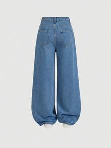 SHEIN MOD 女士休闲日常爱心刺绣斜插口袋阔腿牛仔裤 - 藍色 - 查看 2