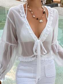 DAZY Áo tắm nữ cổ chữ V tay dài, chất liệu ren xuyên thấu, phối ren, buộc dây phía trước, thích hợp mặc ngoài biển. - trắng - Xem 4